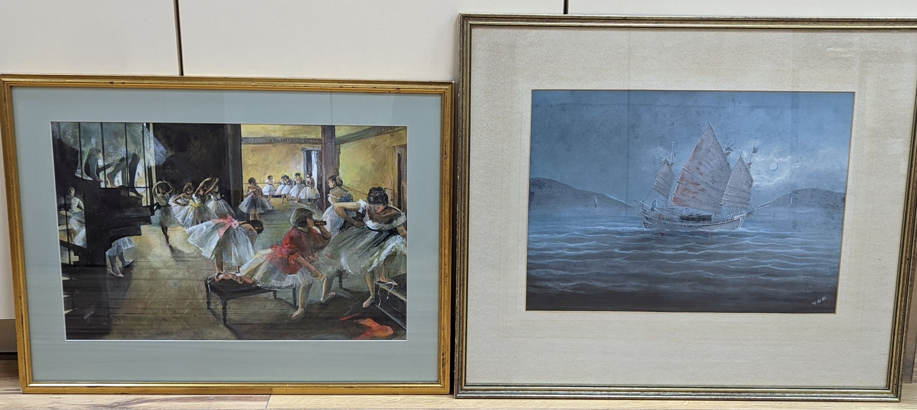 Japanese School, gouache on board, Junk at sea, 30 x 42cm, together with a watercolour ballet dancers after Degas, 30 x 46cm